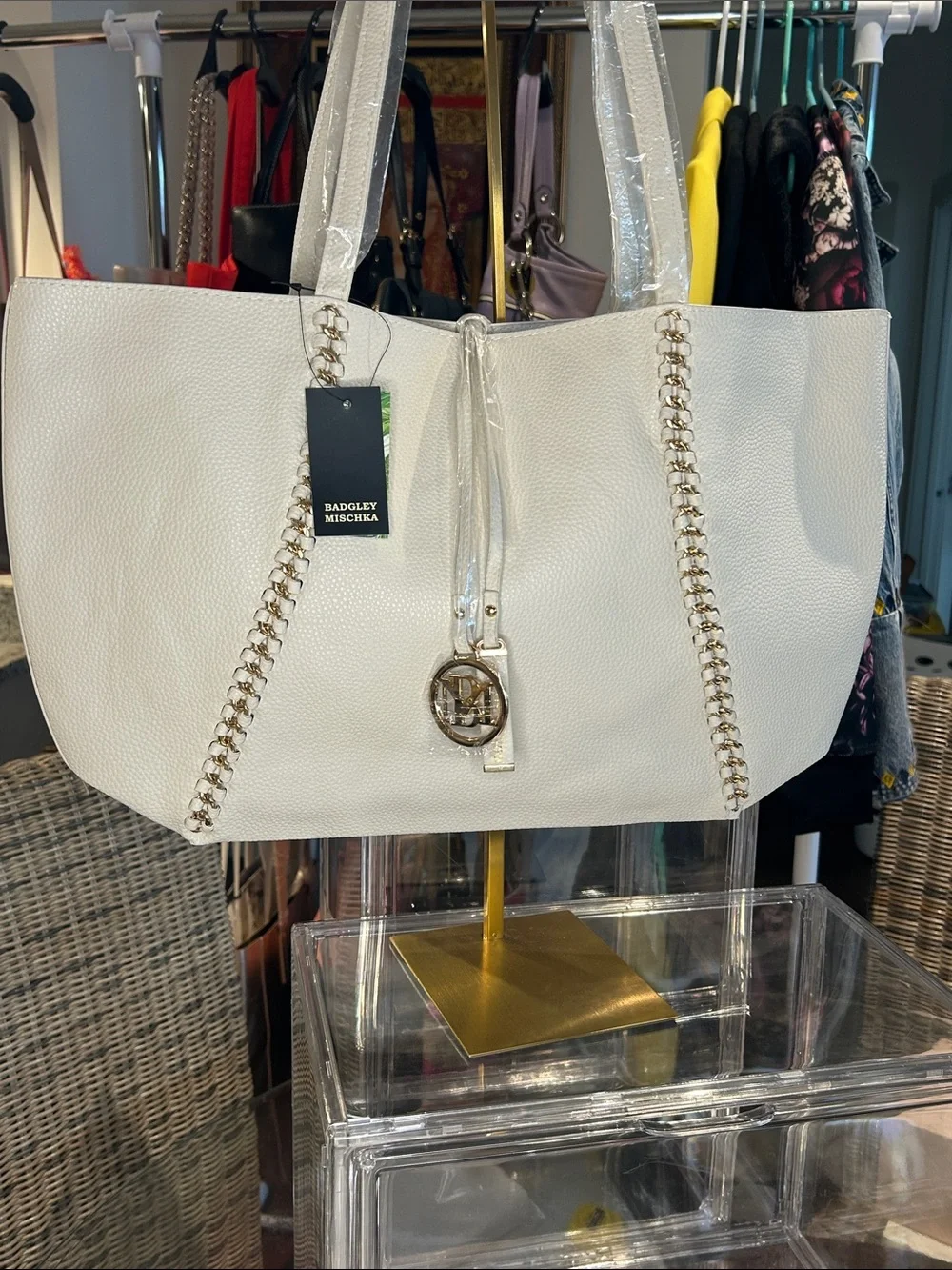 Badgley Mischka Vegan Leather Off White Gold Chain Tote 18”x 4”x 10.75” NWT